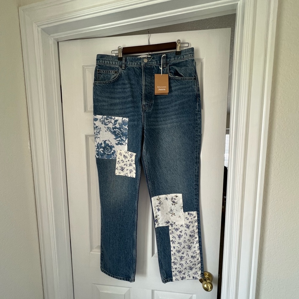 NWT Reformation Cynthia Linen Patch Jeans